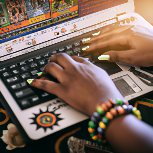 Job Portals: A close-up of a black South African woman's hands typing on a laptop, with various government job portal websites displayed on the screen, overlayed with a Zulu beadwork motif.
