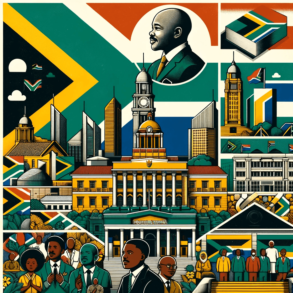 Government Jobs in South Africa: collage featuring the South African flag, symbolic government buildings like the Union Buildings in Pretoria, and representations of Black community