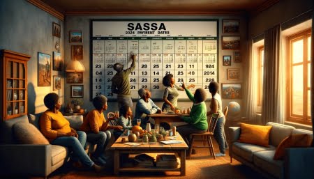 landscape-oriented image of a South African family looking at a SASSA 2024 payment dates calendar, set in a warmly lit and comfortable household environment