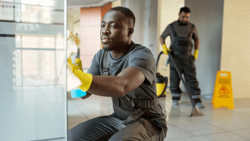 Cleaner working in an office environment with cleaning supplies