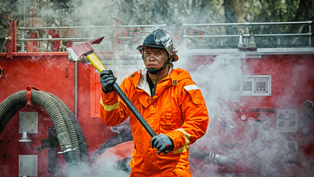 Fire fighter in action with firefighting equipment in Meyerton ZA
