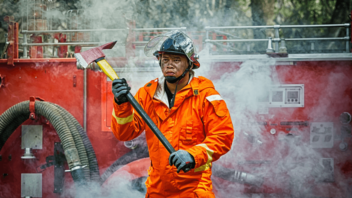 Fire fighter in action with firefighting equipment in Meyerton ZA