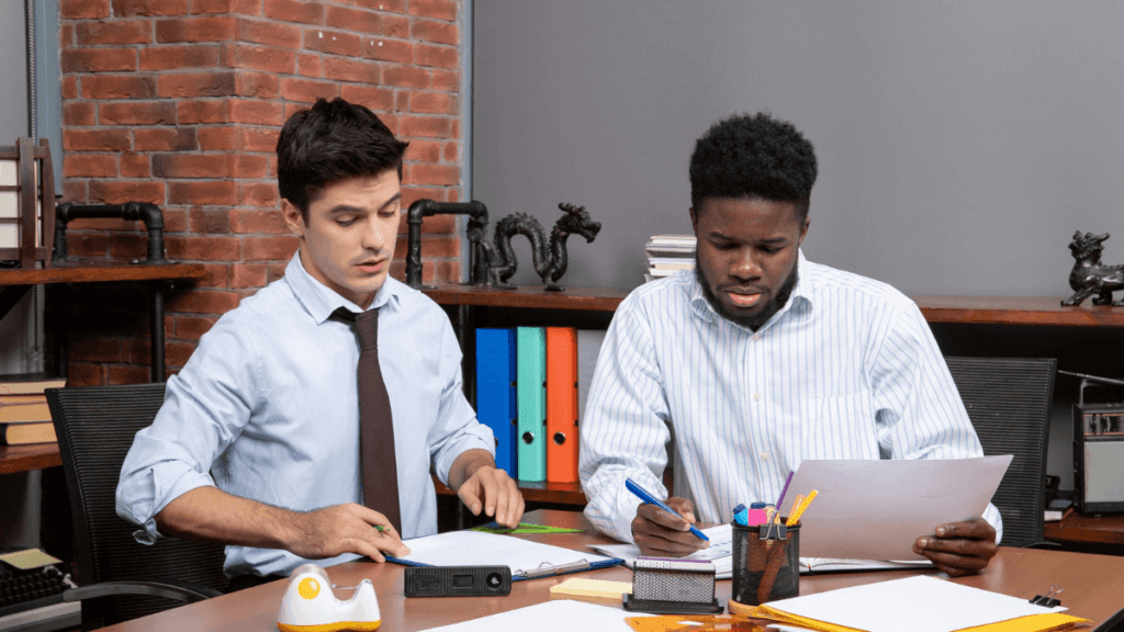 Tutor explaining accounting principles in a hybrid classroom setting